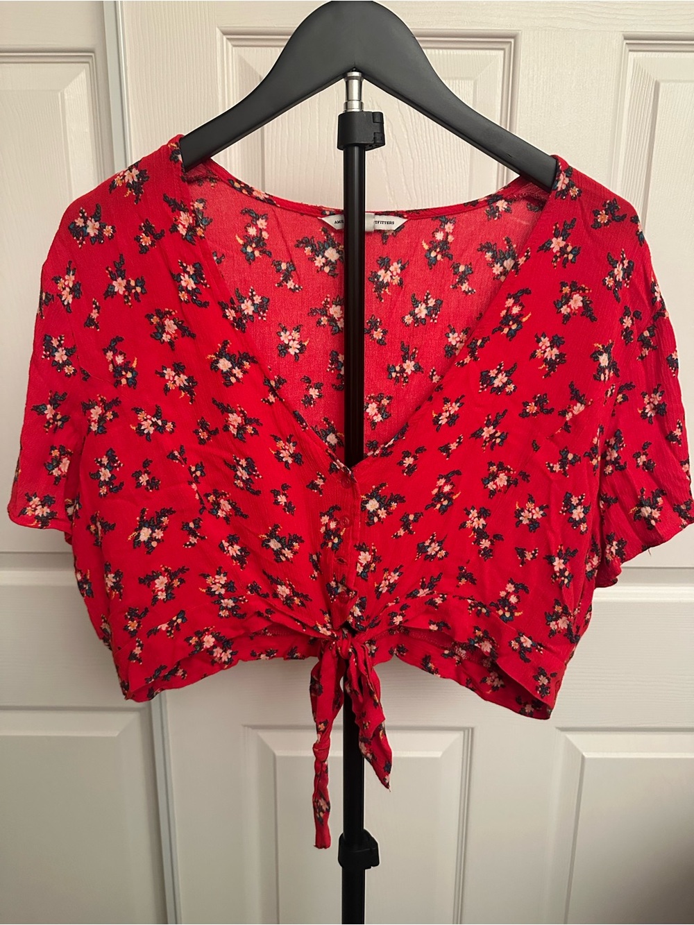 American Eagle Outfitters Red Floral Tie-Front Crop Top